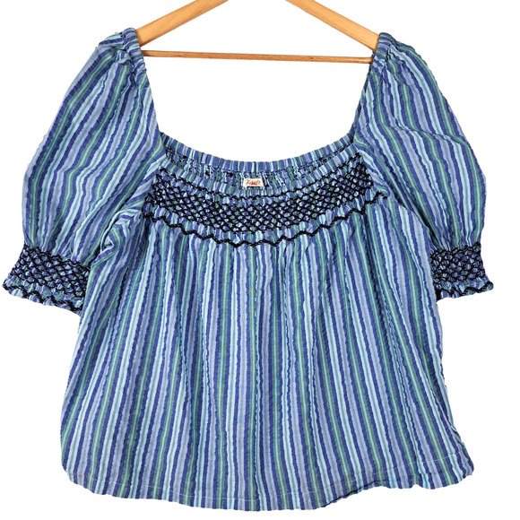 Faherty Top Womens Large Presley Seersucker Coast Boho Smocked Peasant Fairycore - Picture 1 of 8